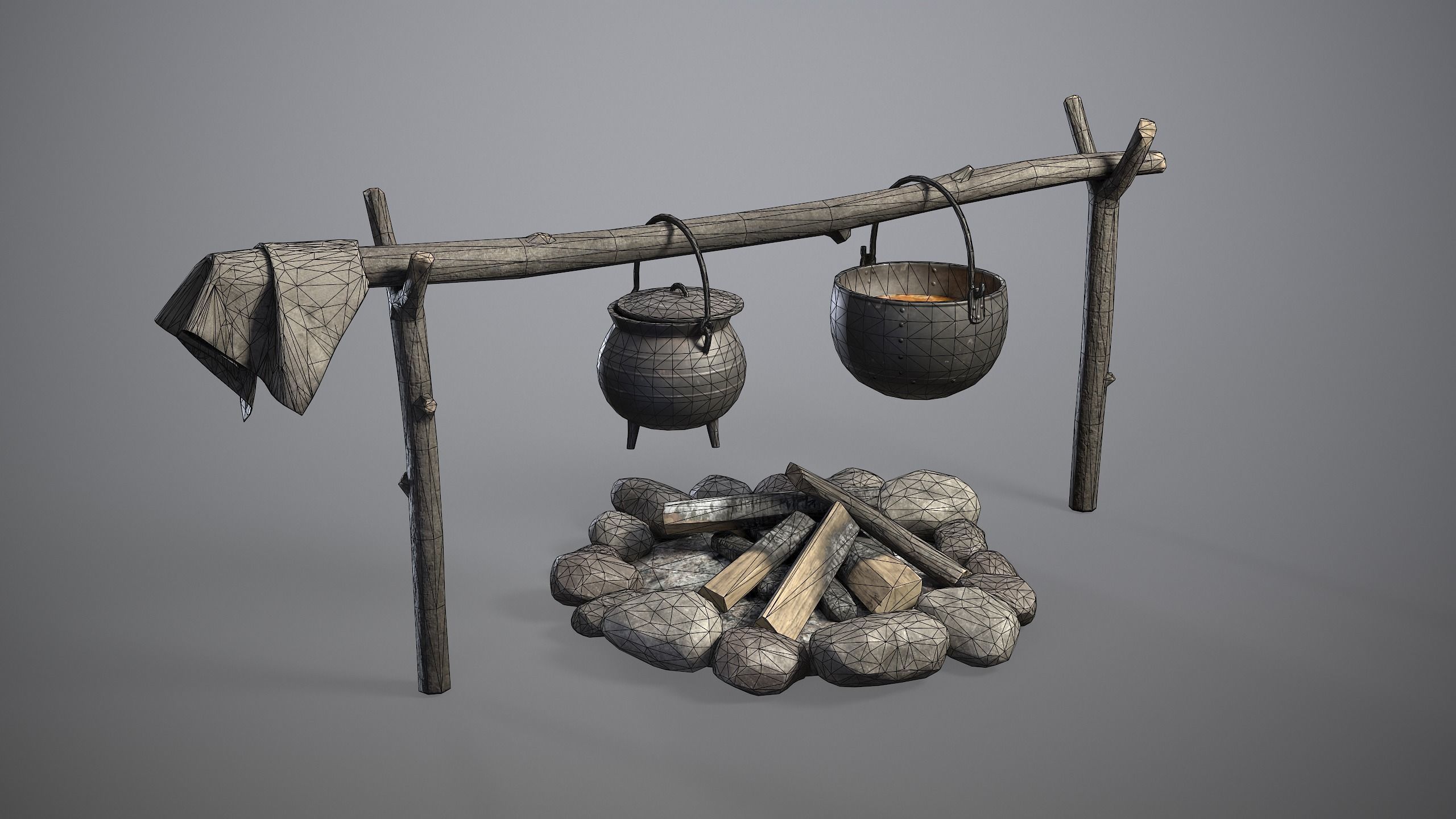 Bonfire with Medieval Hanging Cauldrons Low-poly 3D model_2