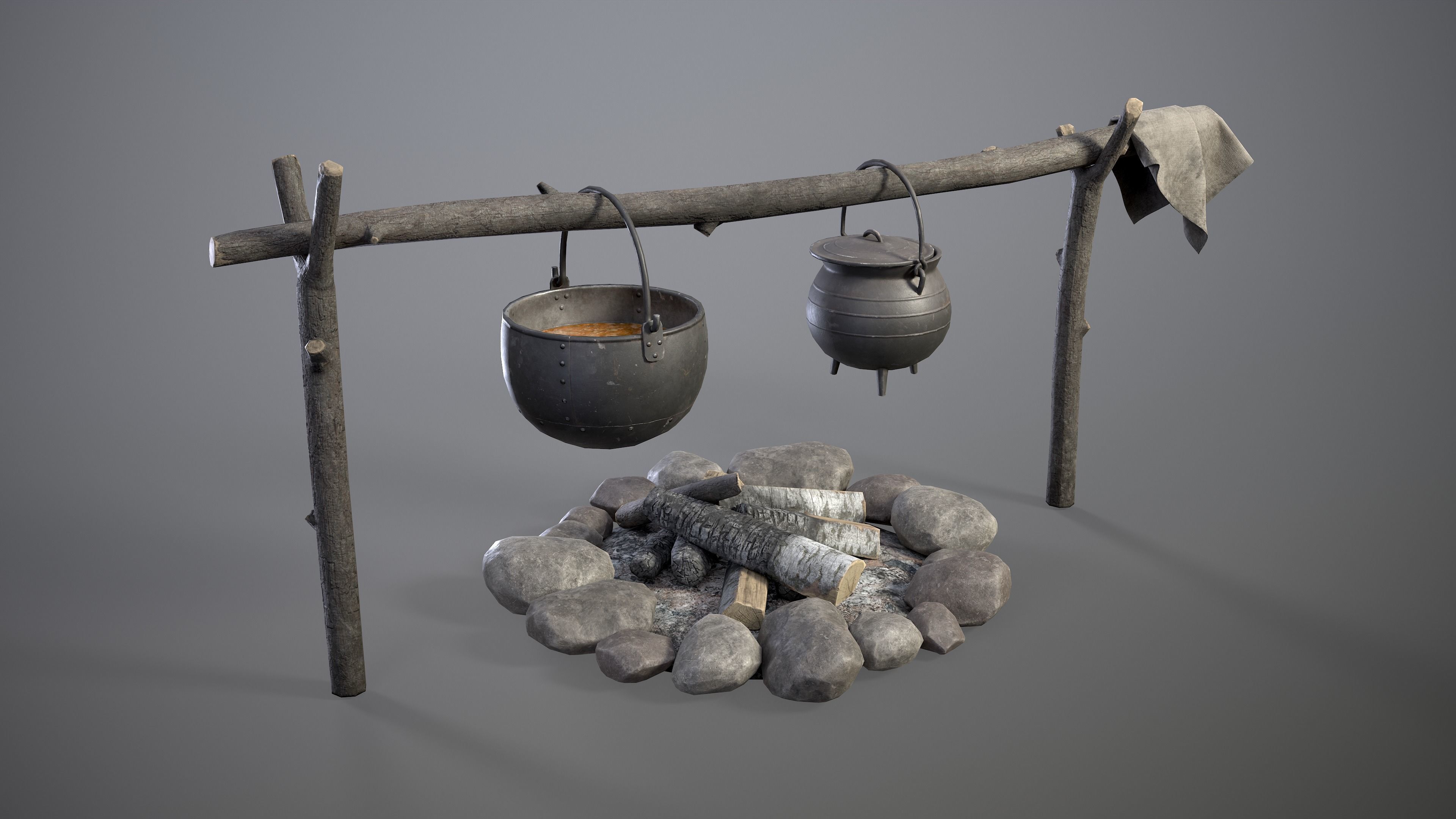 Bonfire with Medieval Hanging Cauldrons Low-poly 3D model_7