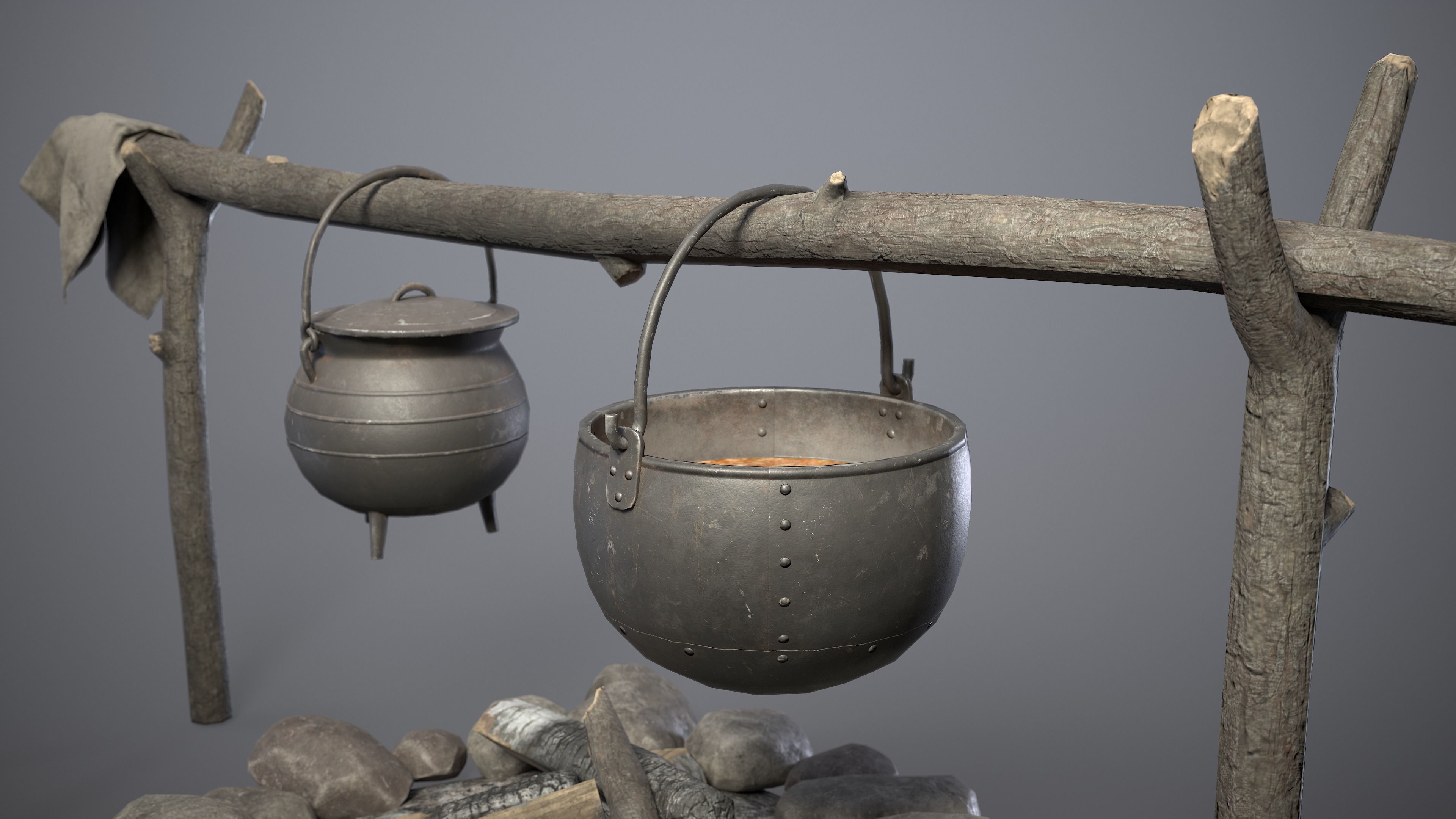 Bonfire with Medieval Hanging Cauldrons Low-poly 3D model_4