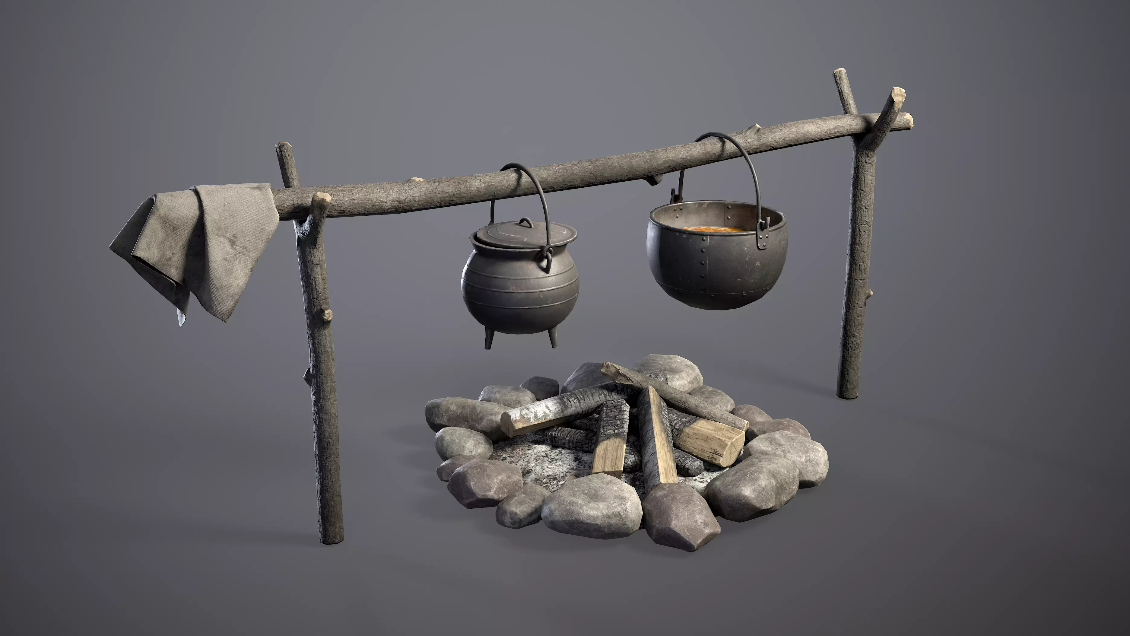 Bonfire with Medieval Hanging Cauldrons Low-poly 3D model_0