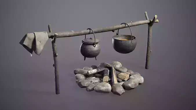 Bonfire with Medieval Hanging Cauldrons  Low-poly 3D model