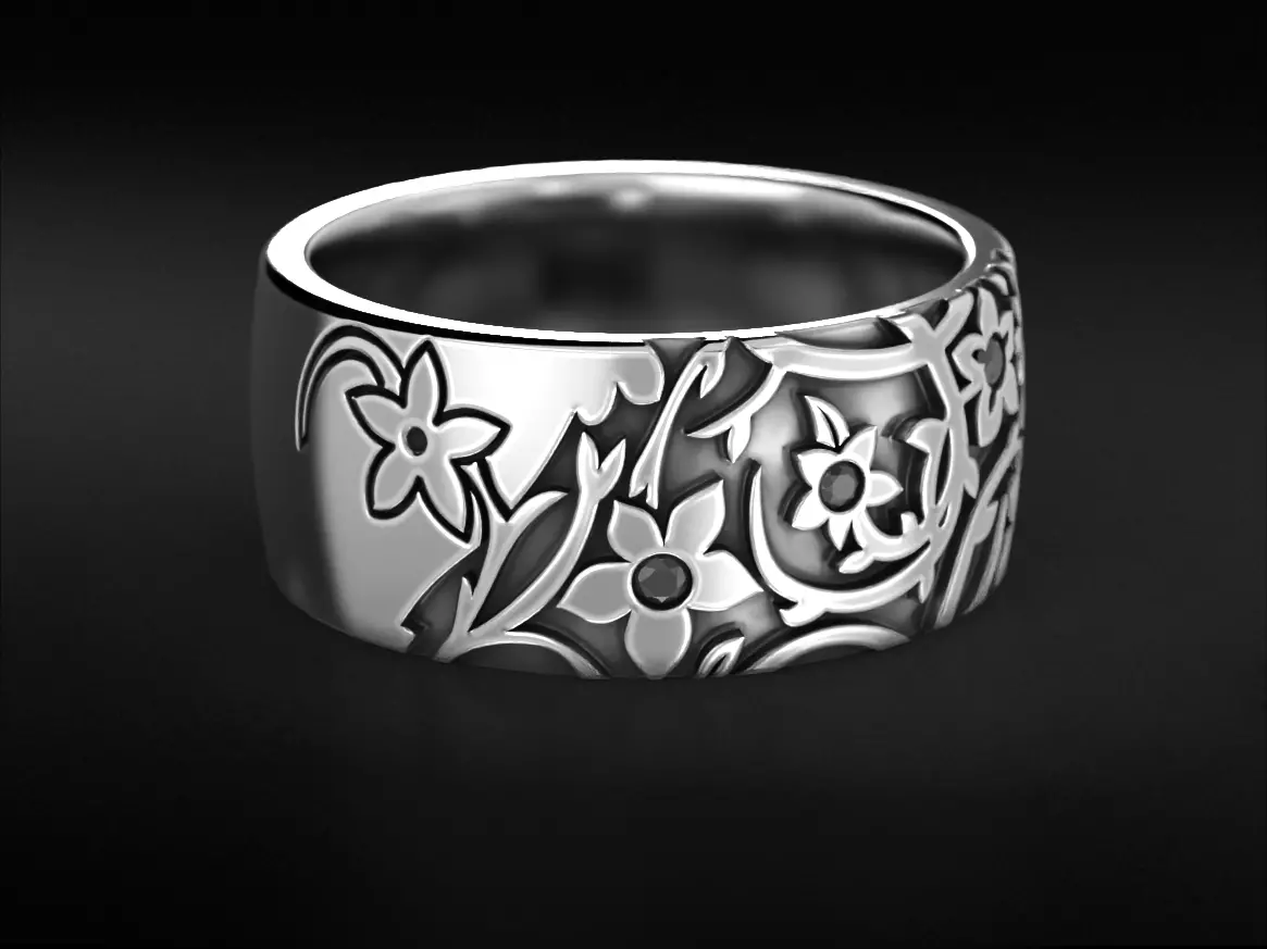 Vintage ring with flower patterns and diamonds 787 3D print model