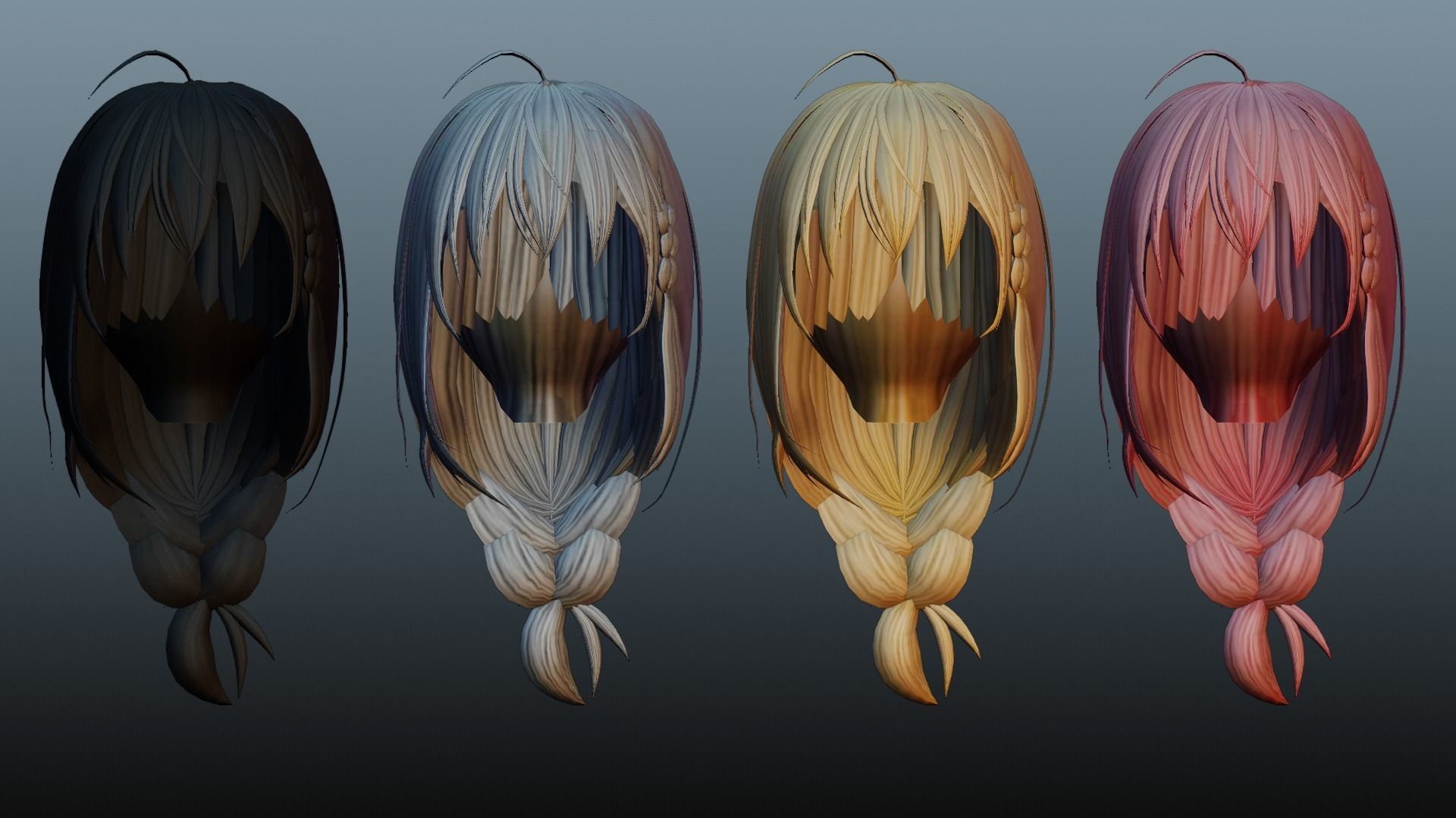 Female hair 4 colors Low-poly 3D model_4