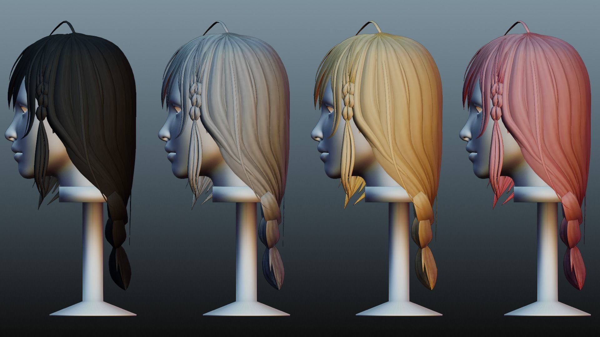 Female hair 4 colors Low-poly 3D model_2