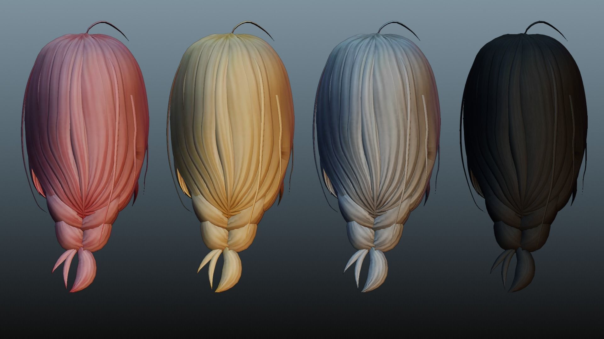 Female hair 4 colors Low-poly 3D model_5