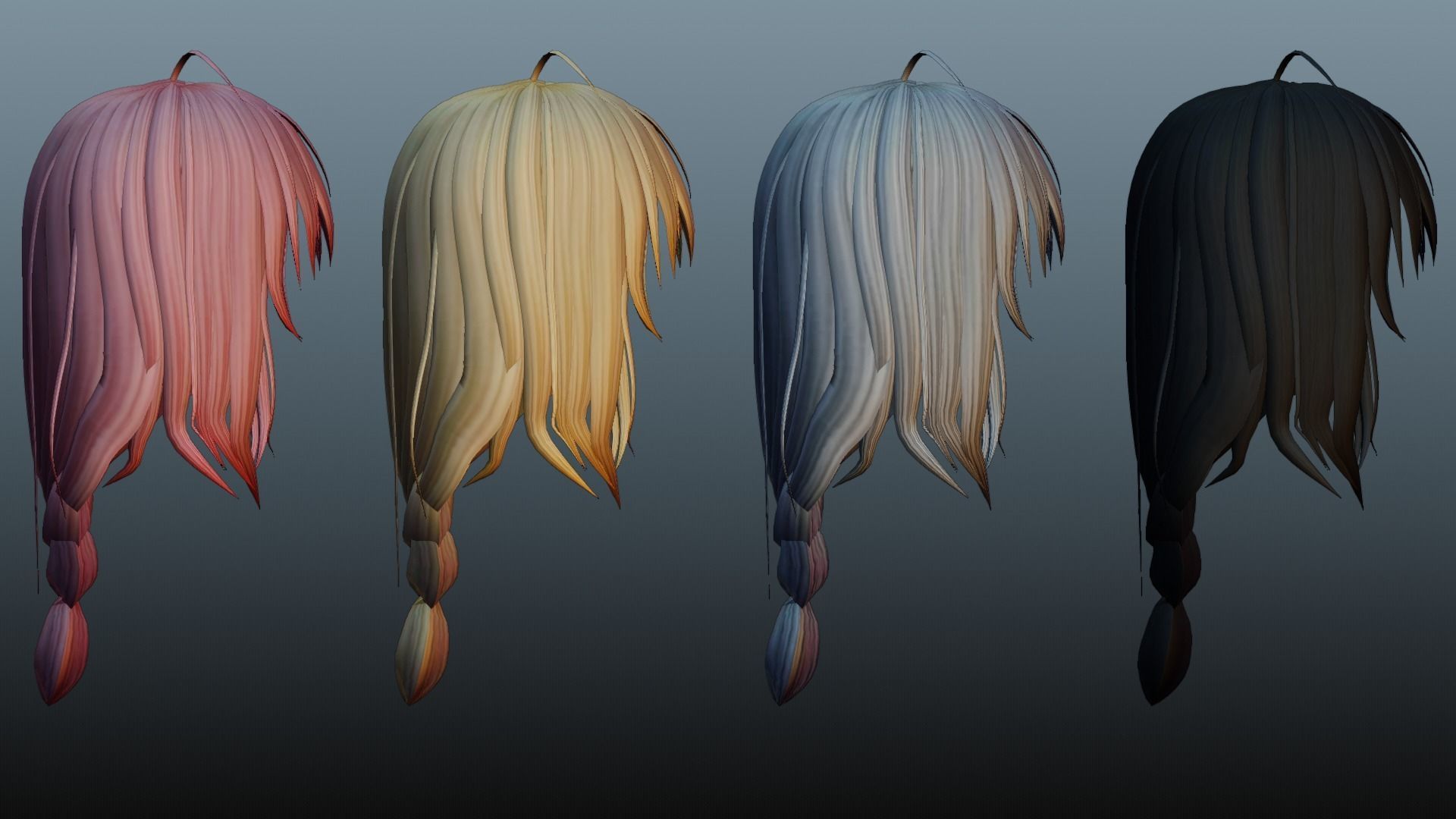 Female hair 4 colors Low-poly 3D model_7