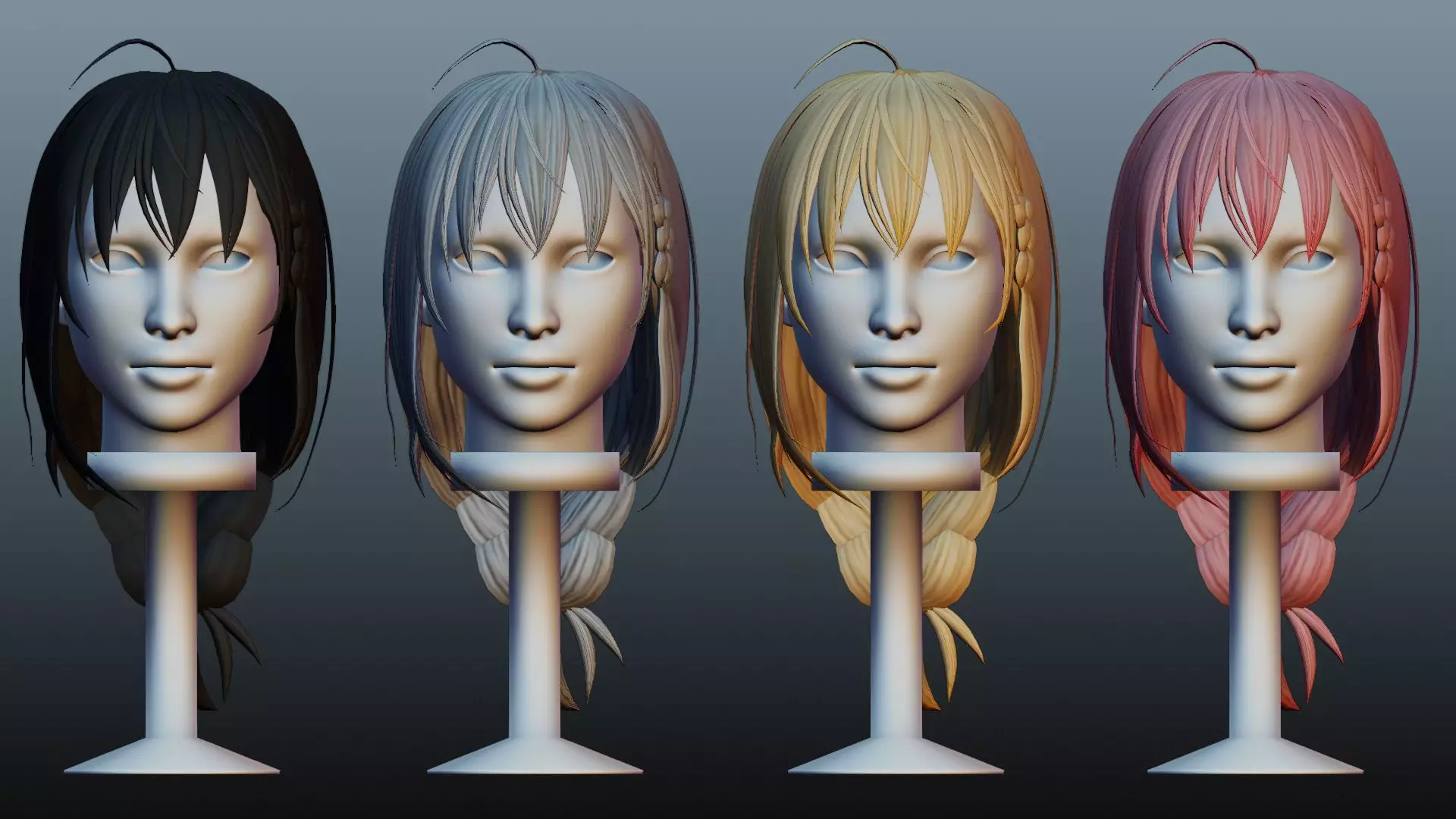 Female hair 4 colors Low-poly 3D model_0