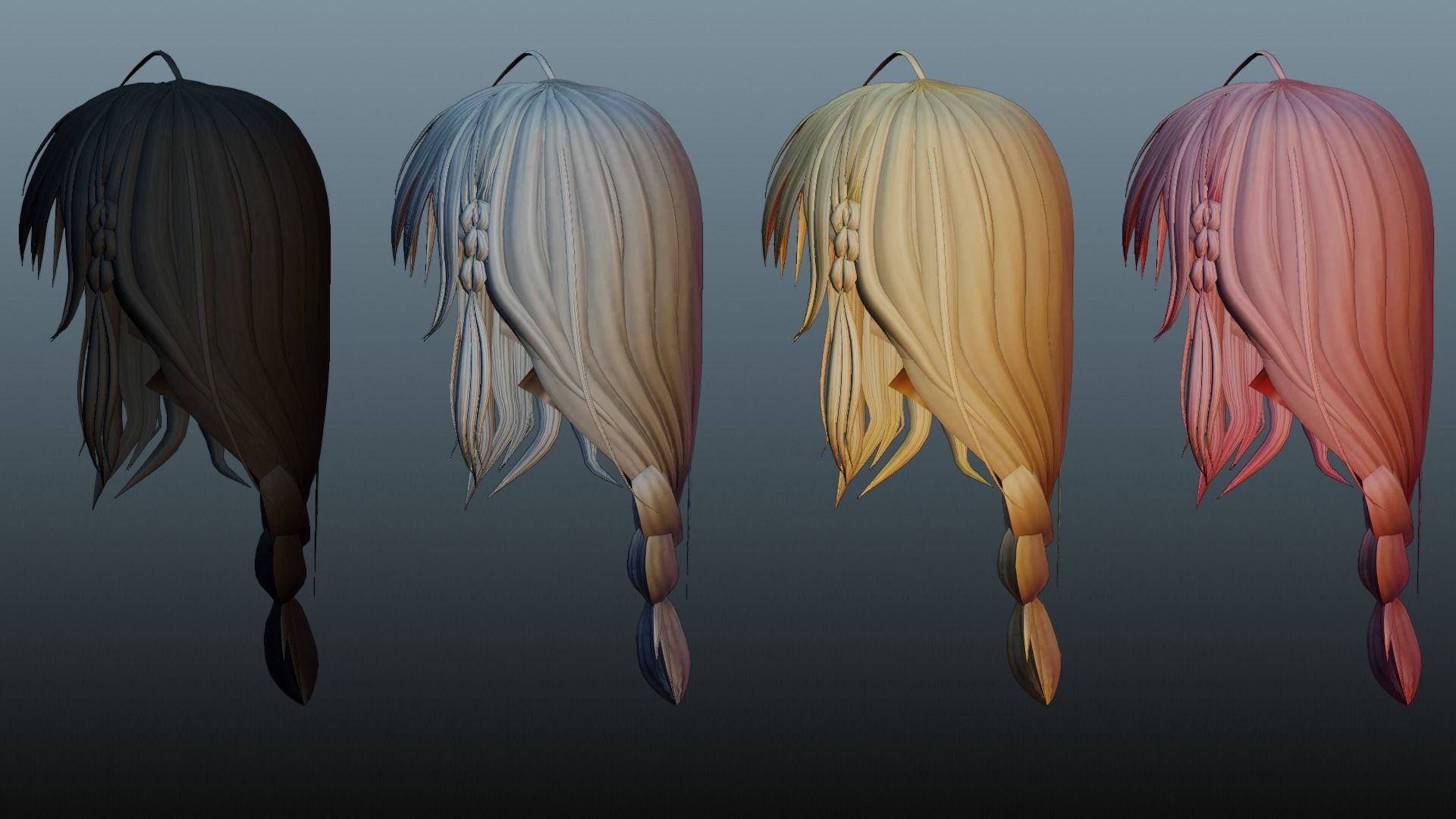 Female hair 4 colors Low-poly 3D model_6