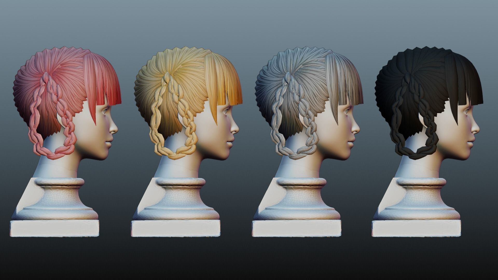 Female hair 4 colors Low-poly 3D model_3
