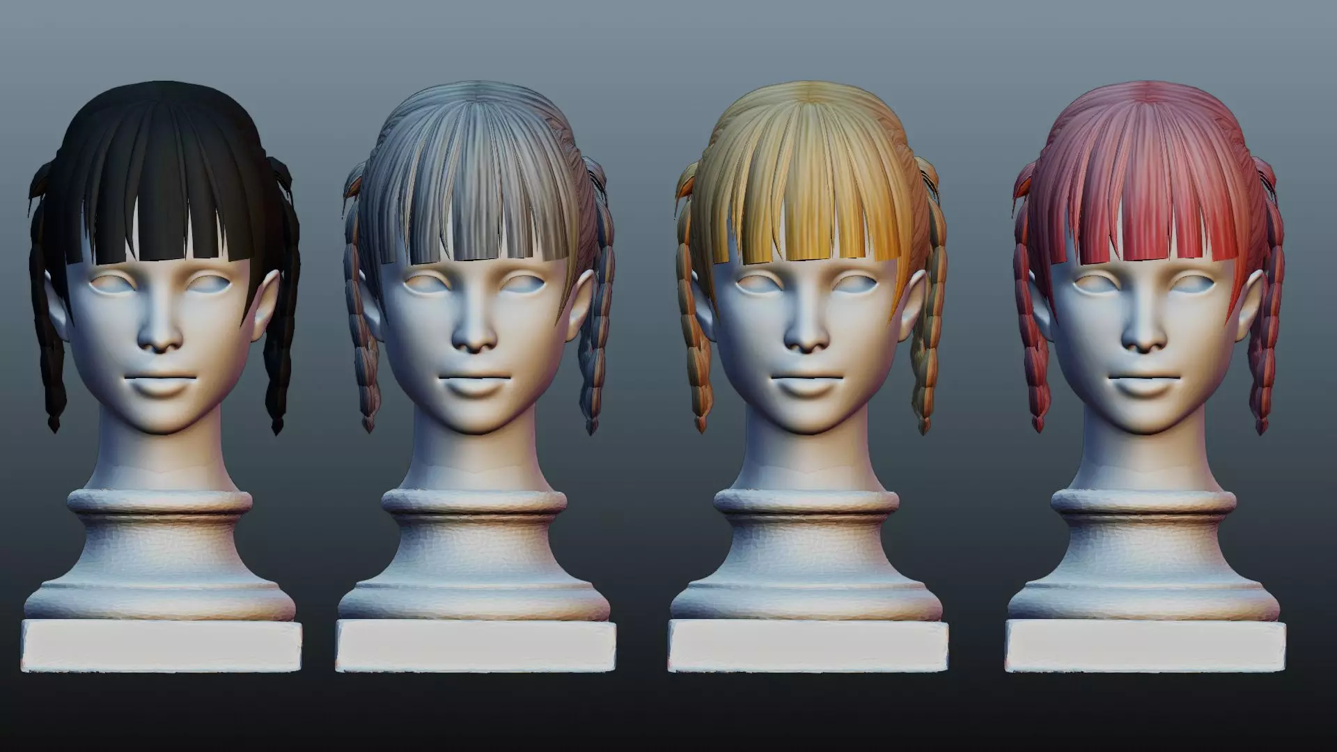Female hair 4 colors Low-poly 3D model_0