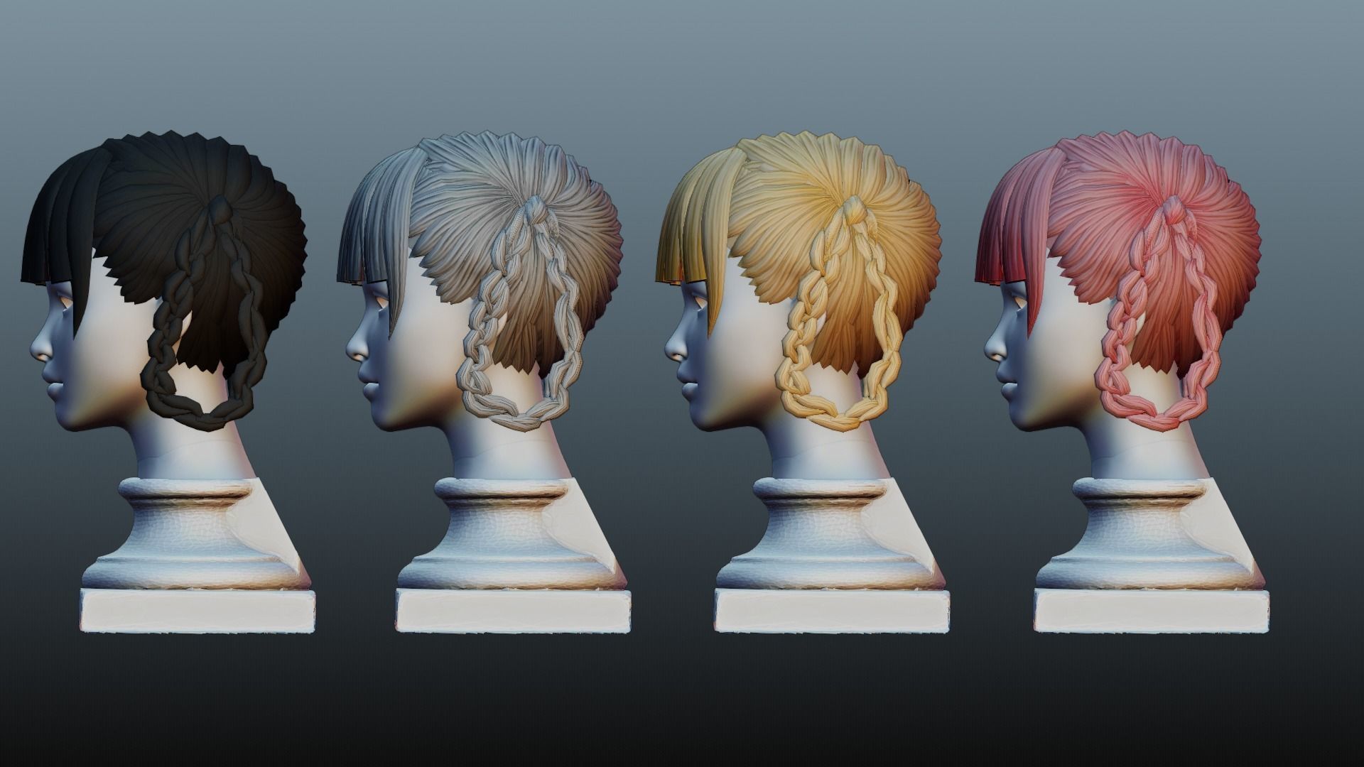 Female hair 4 colors Low-poly 3D model_2
