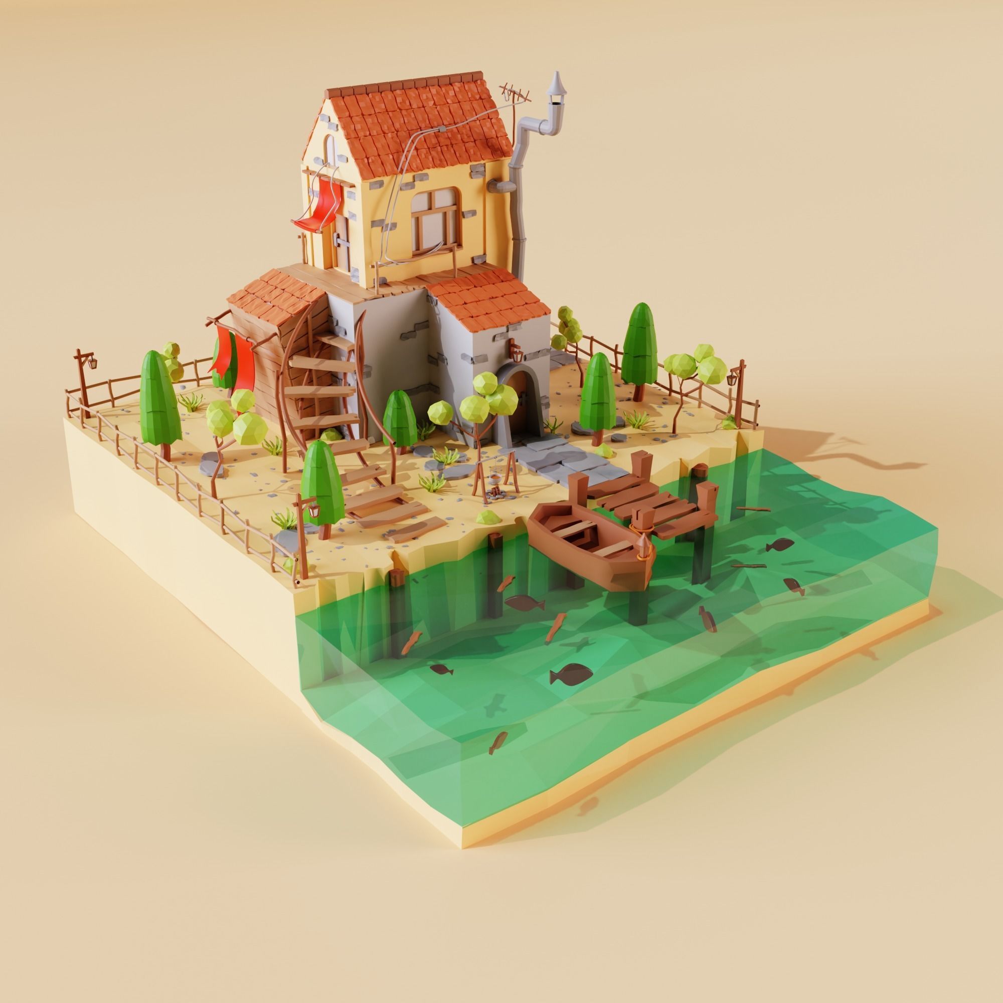 Low poly Cottage  Low-poly 3D model_1