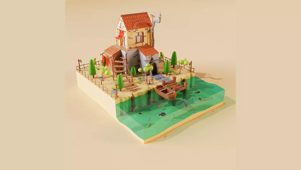Low poly Cottage  Low-poly 3D model_0