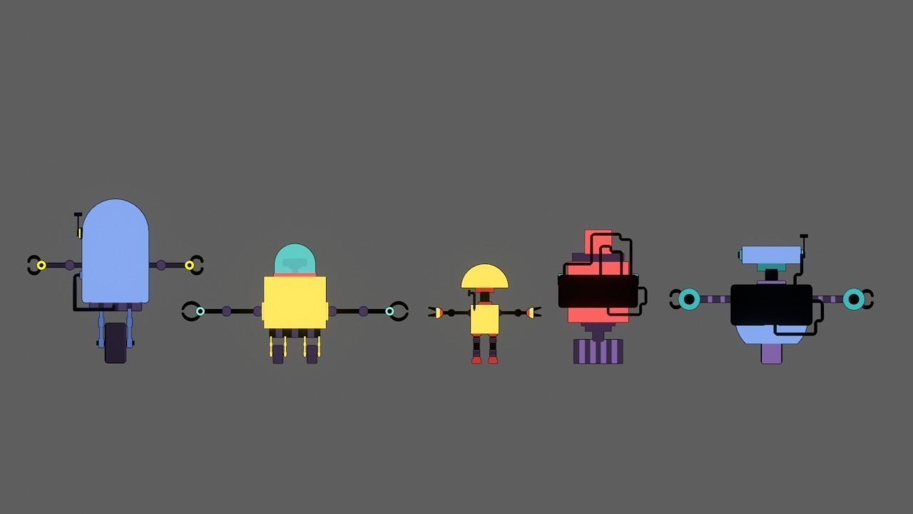 5 stylized robots for animations rigged 3D model_3