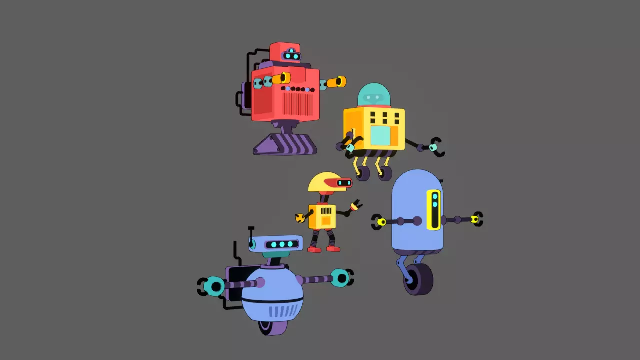 5 stylized robots for animations rigged 3D model_0