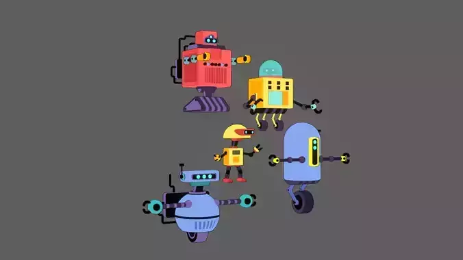 5 stylized robots for animations rigged 3D model