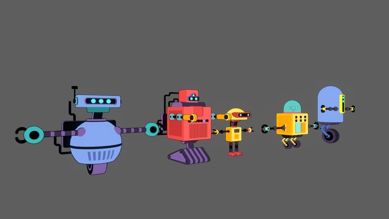 5 stylized robots for animations rigged 3D model_5