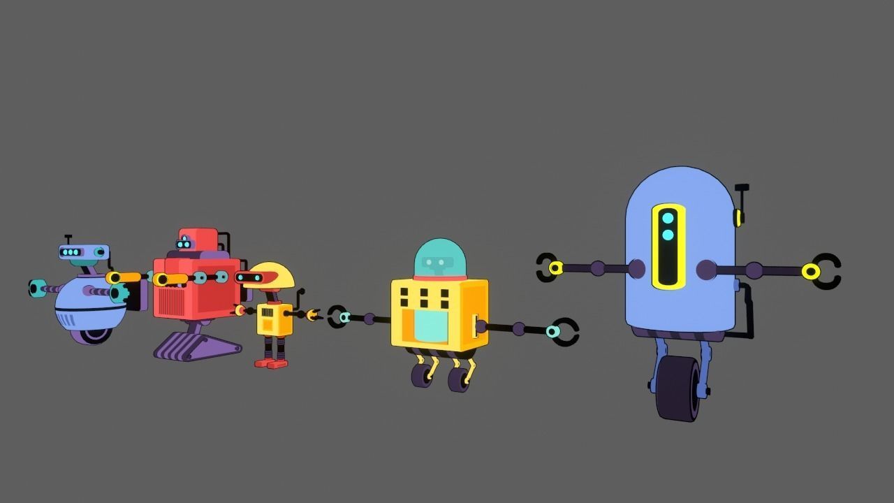 5 stylized robots for animations rigged 3D model_4
