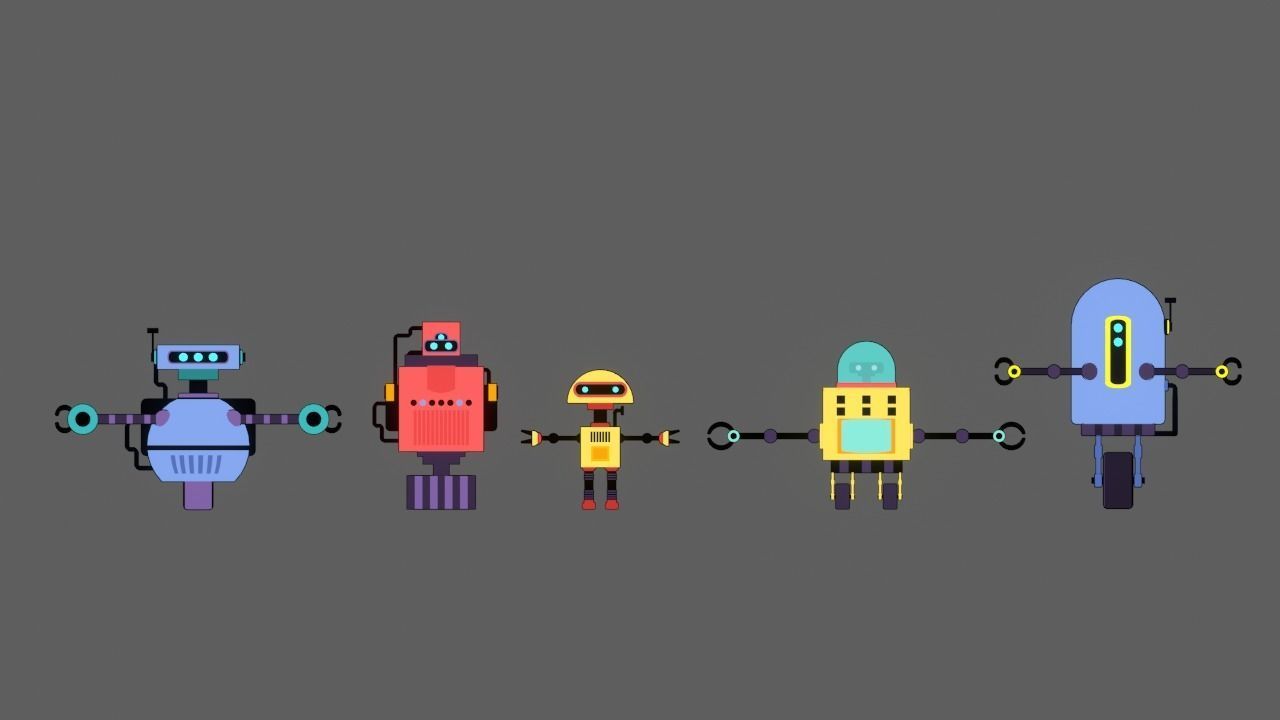 5 stylized robots for animations rigged 3D model_2