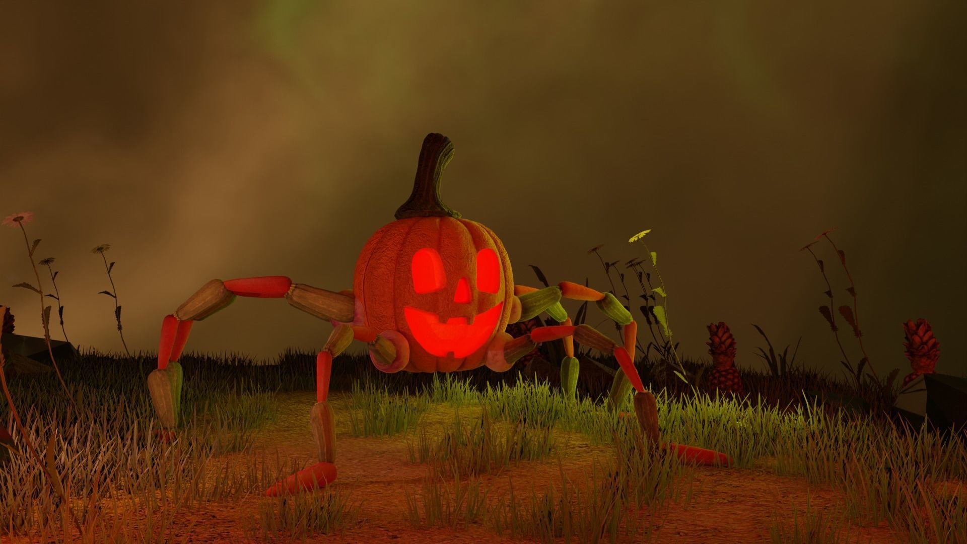 textured rigged animated spider pumpkin with Environment Low-poly 3D model_3