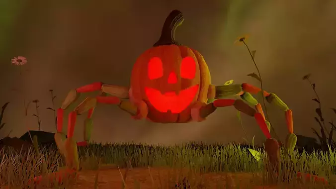textured rigged animated spider pumpkin with Environment