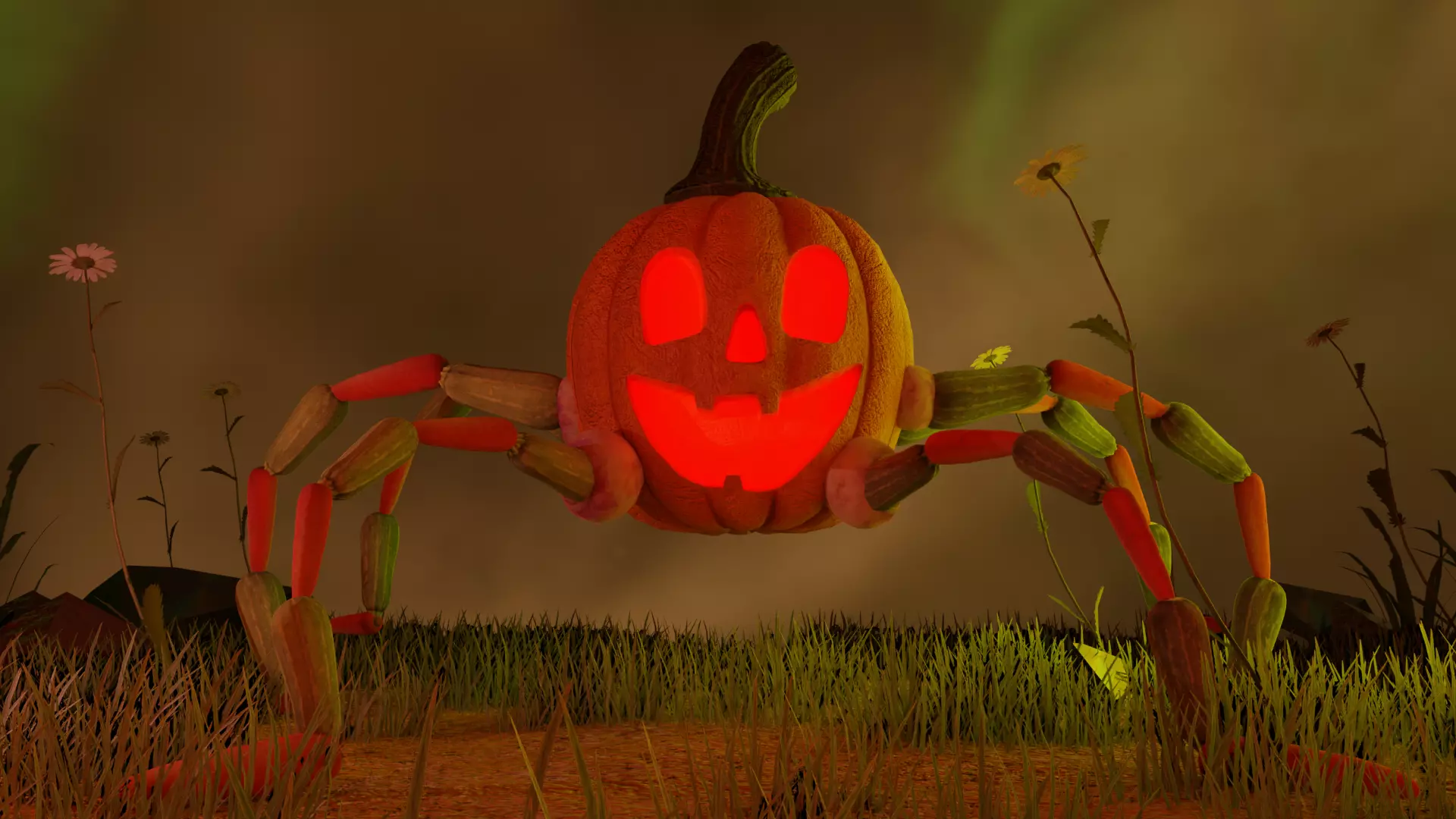 textured rigged animated spider pumpkin with Environment Low-poly 3D model_0