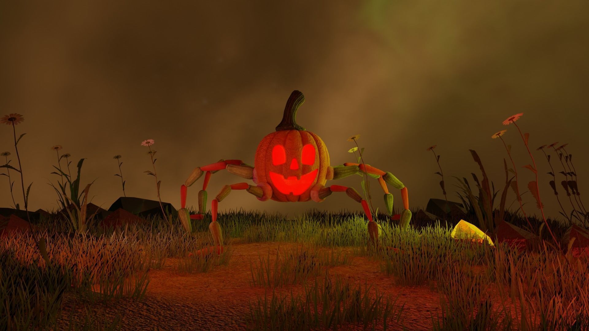 textured rigged animated spider pumpkin with Environment Low-poly 3D model_2