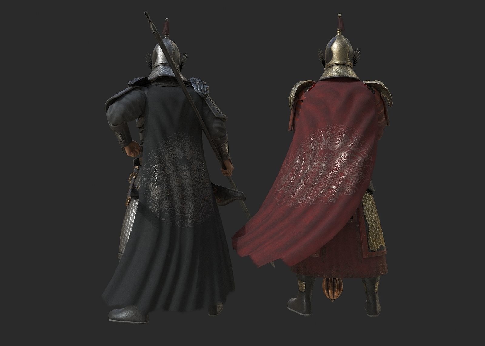 Ancient Ming Dynasty generals in China with lamellar armour Low-poly 3D model_2