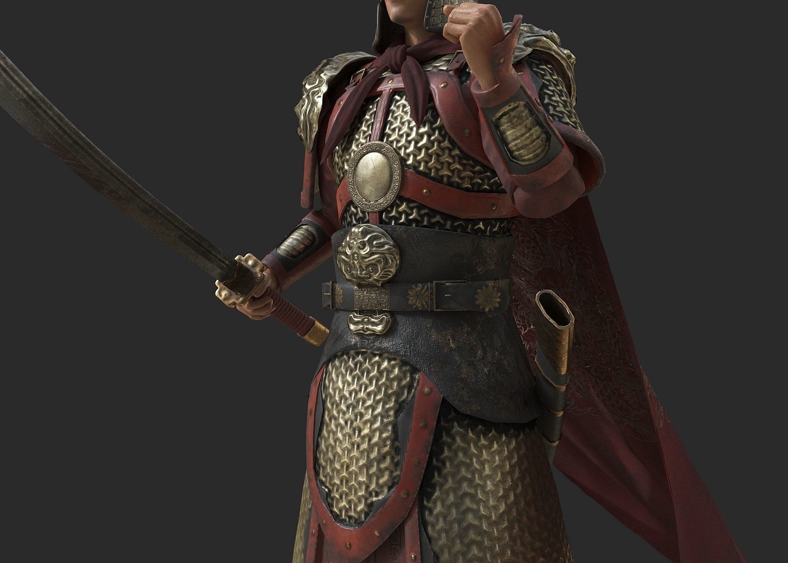 Ancient Ming Dynasty generals in China with lamellar armour Low-poly 3D model_6