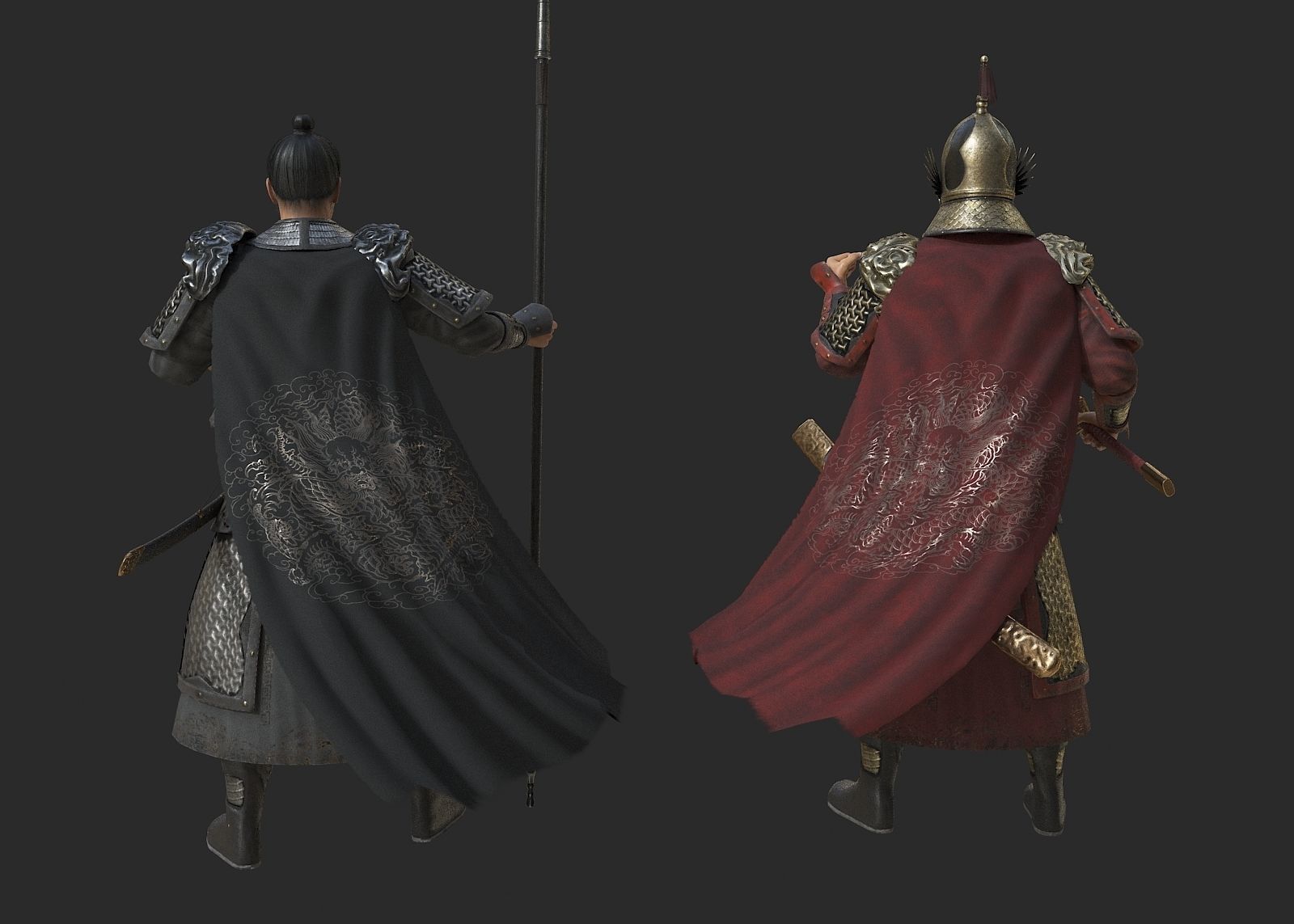 Ancient Ming Dynasty generals in China with lamellar armour Low-poly 3D model_4