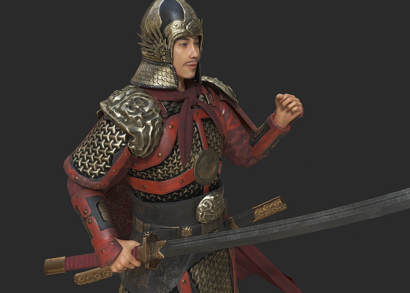 Ancient Ming Dynasty generals in China with lamellar armour Low-poly 3D model_5