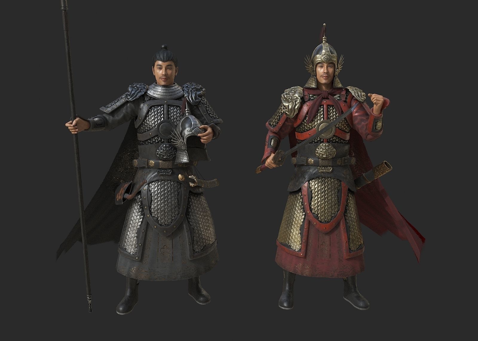 Ancient Ming Dynasty generals in China with lamellar armour Low-poly 3D model_3