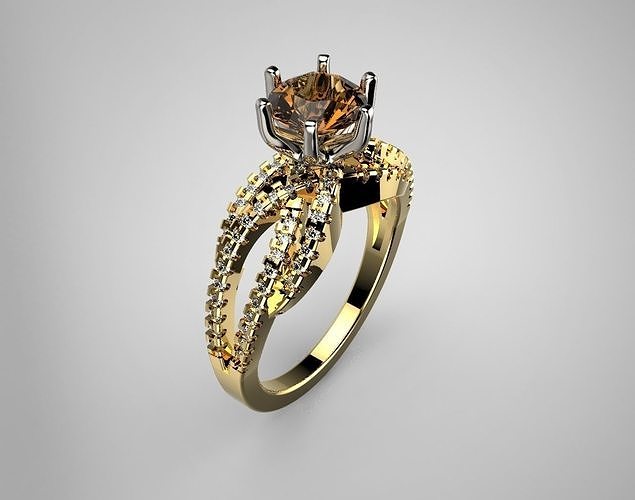 Gold Round and White Diamond  Engagement Ring 3D print model