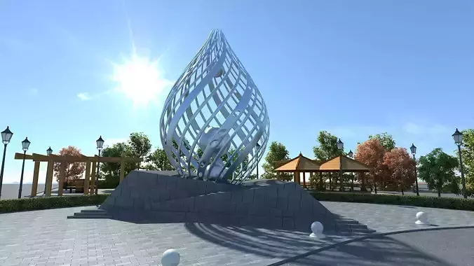 Realistic plaza  sculptural building  animated scene