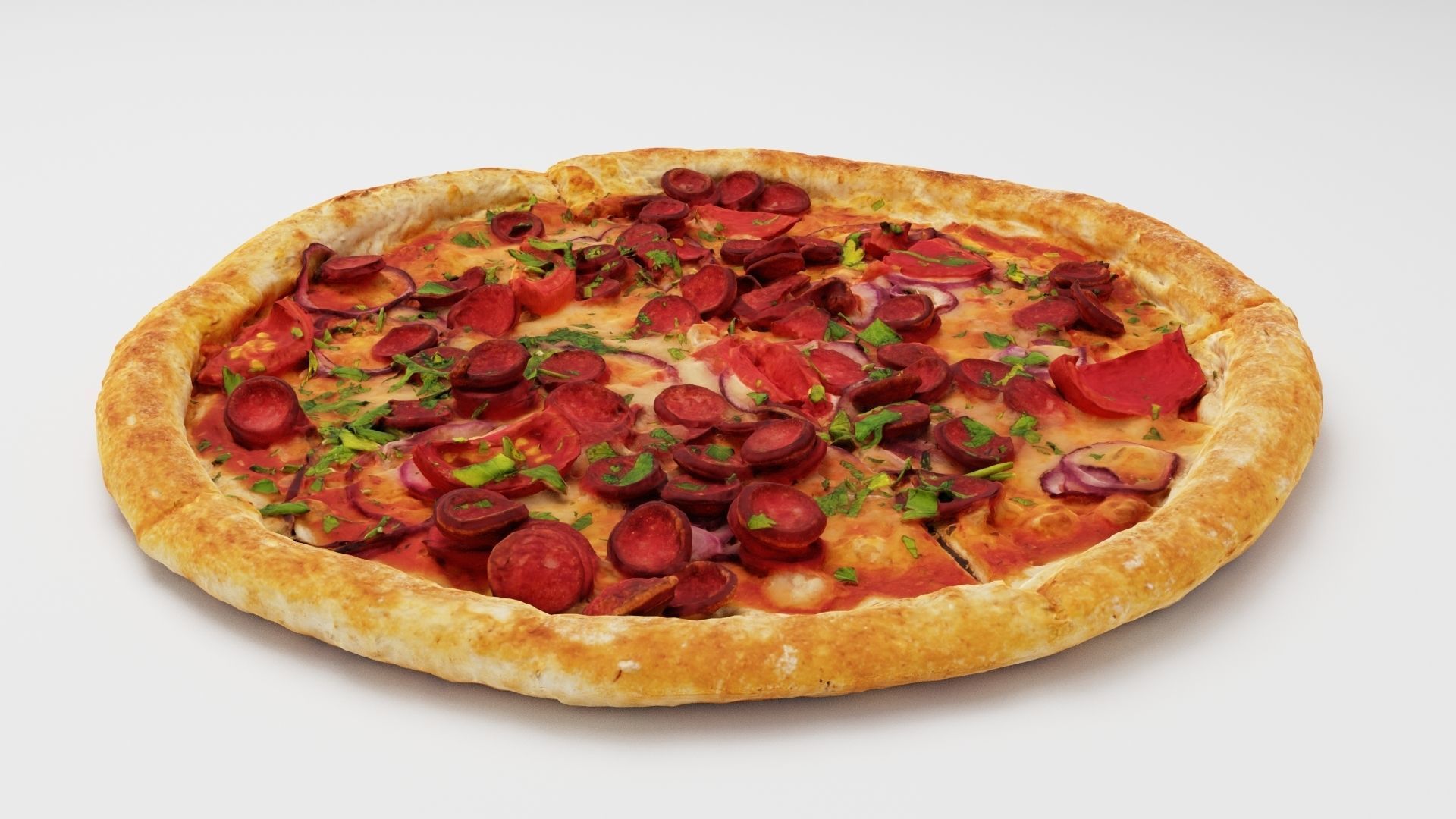 Pizza with tomatoes salamy and sausage 3D model_1