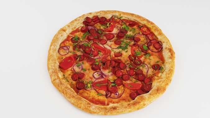 Pizza with tomatoes salamy and sausage 3D model 3