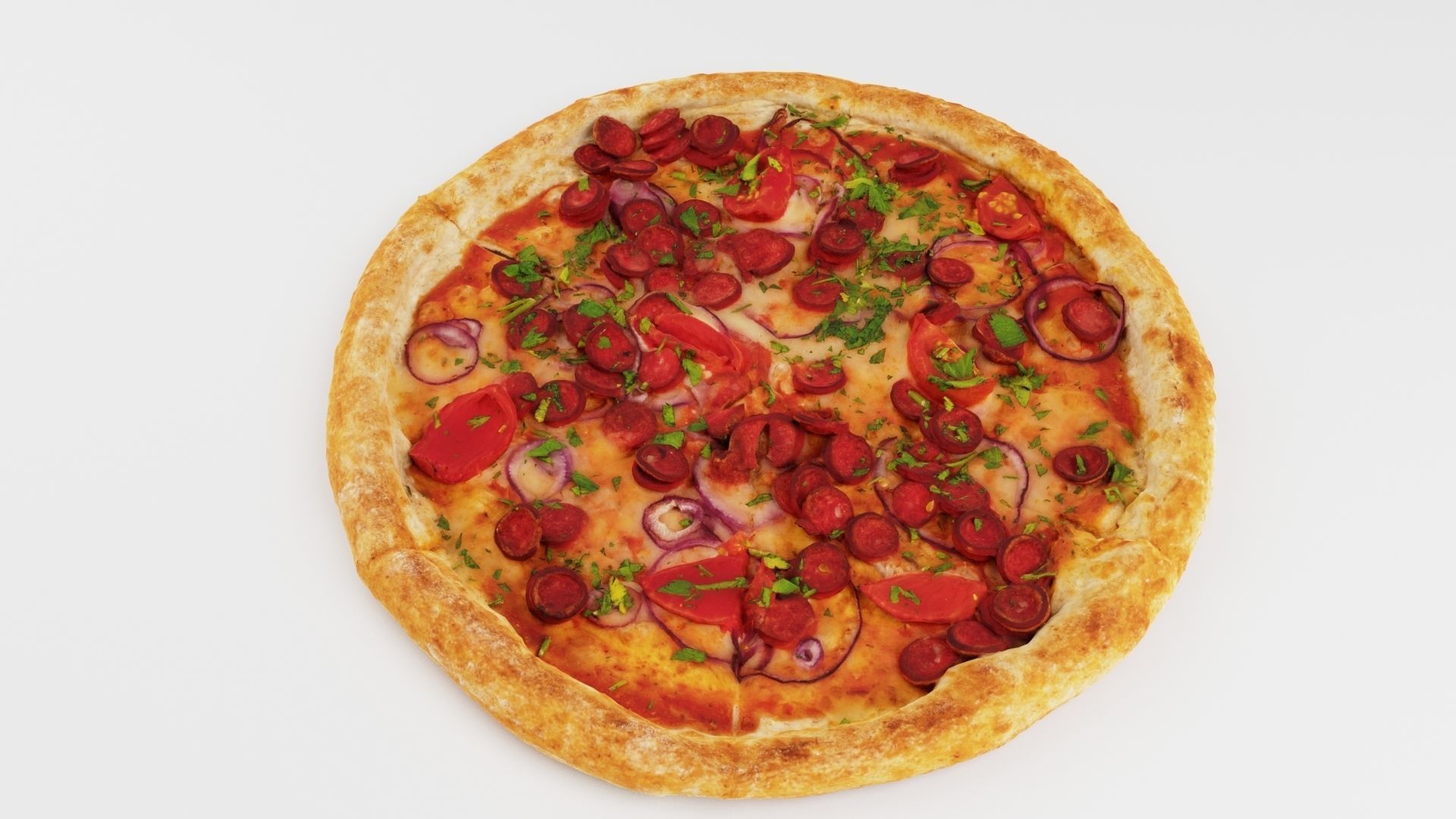 Pizza with tomatoes salamy and sausage 3D model_2