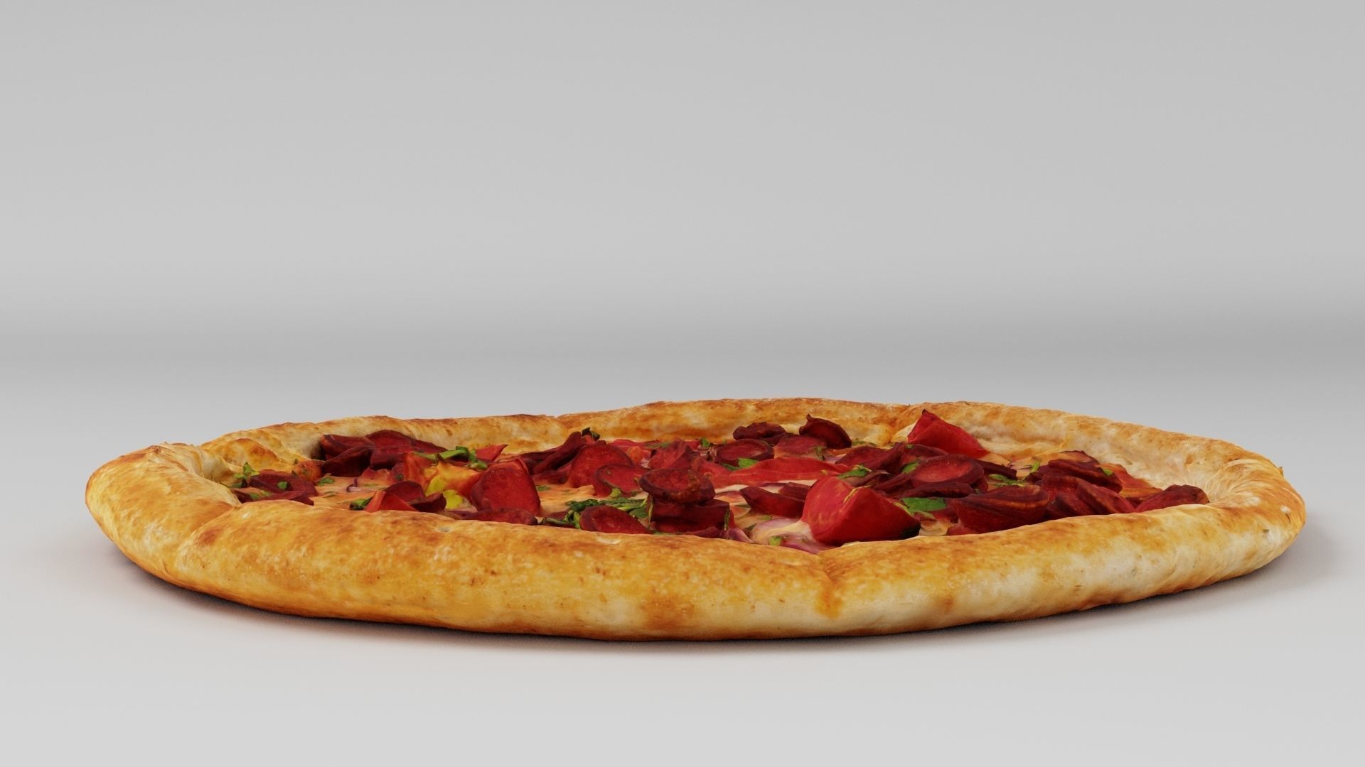 Pizza with tomatoes salamy and sausage 3D model_4