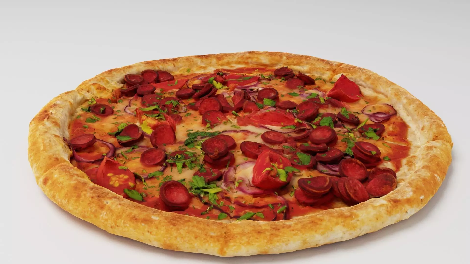 Pizza with tomatoes salamy and sausage 3D model_0