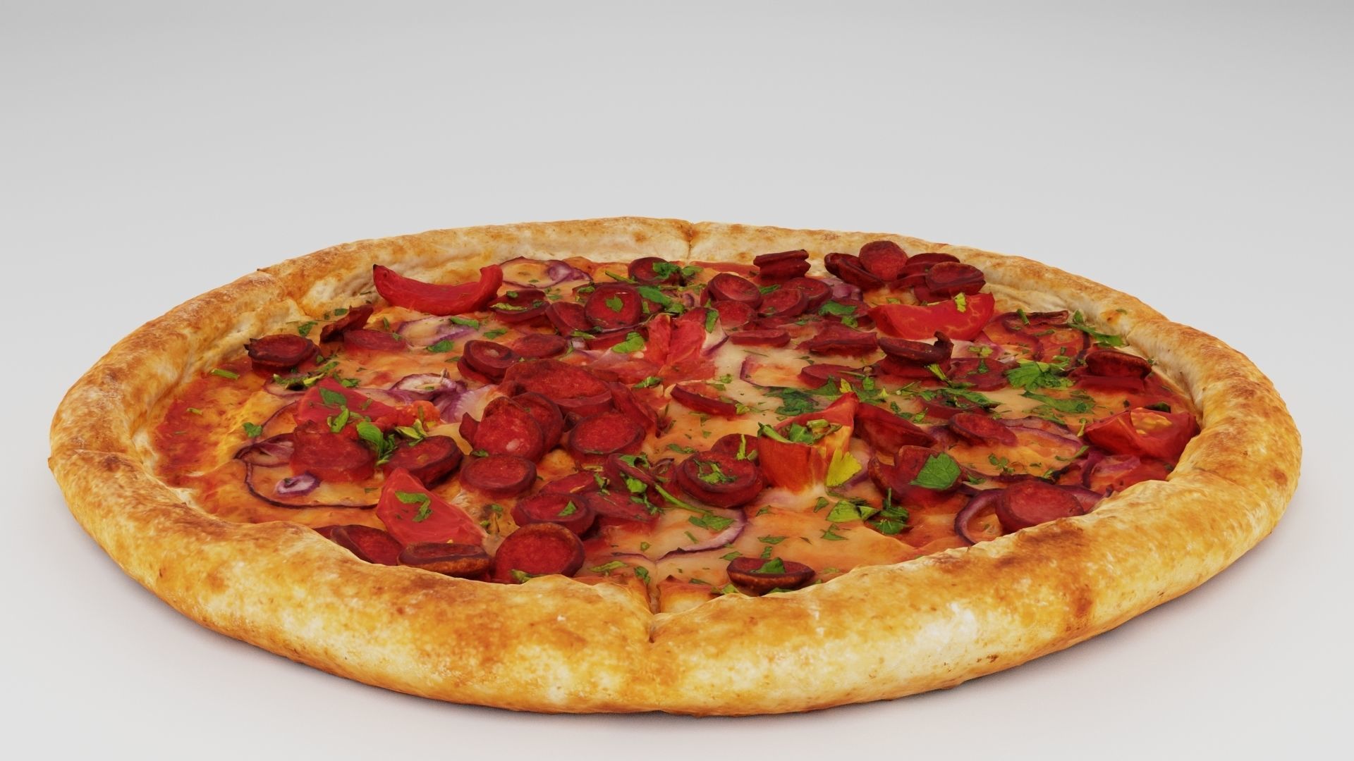 Pizza with tomatoes salamy and sausage 3D model_3