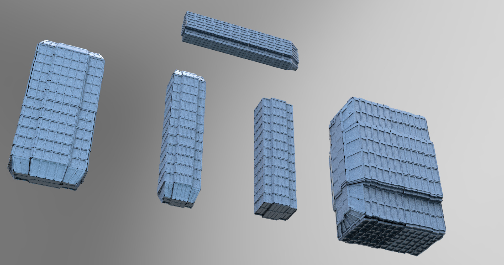 Cyberpunk Tower Grid window Block 4 tower shapes 3D model_1