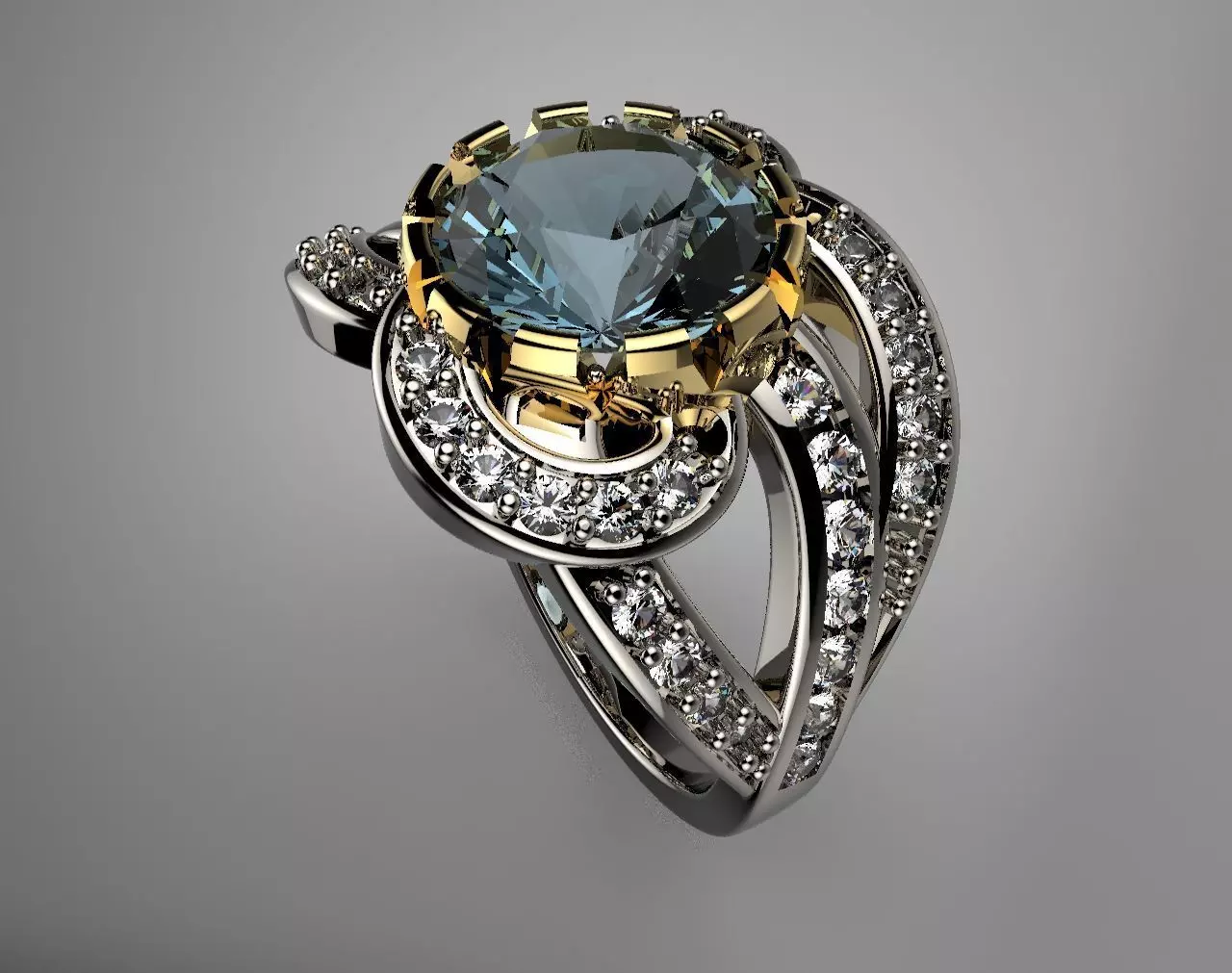 Gold Round Blue Topaz Diamond Engagement Ring 3D print model