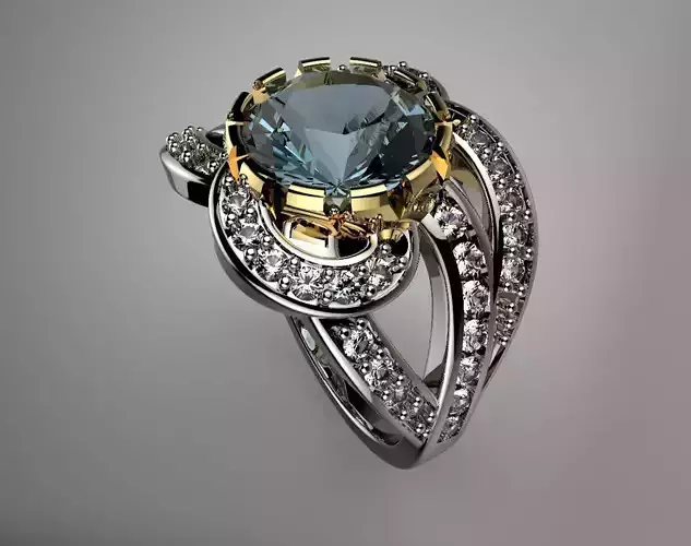 Gold Round Blue Topaz Diamond Engagement Ring