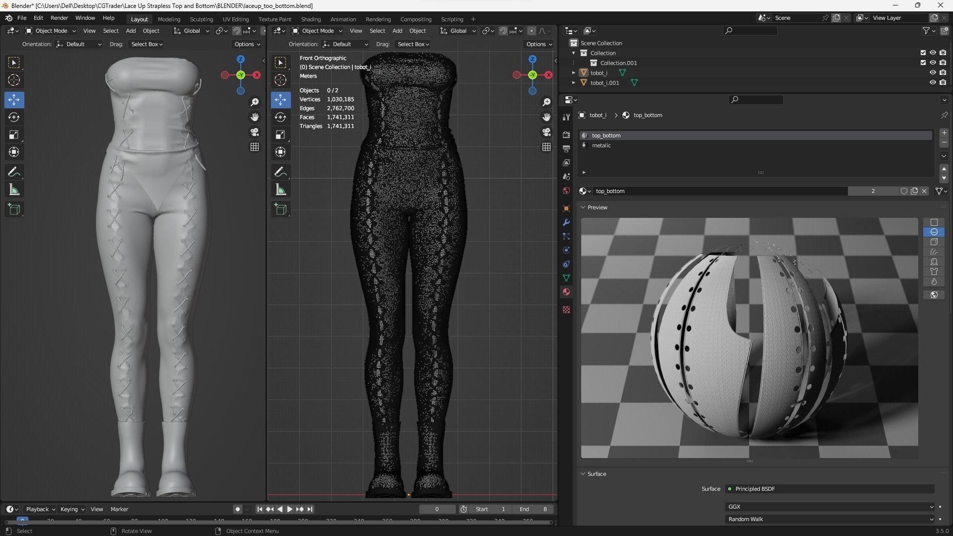 Lace Up Matching Top and Bottom Fitted to Gen8 Body Mesh 3D model_8