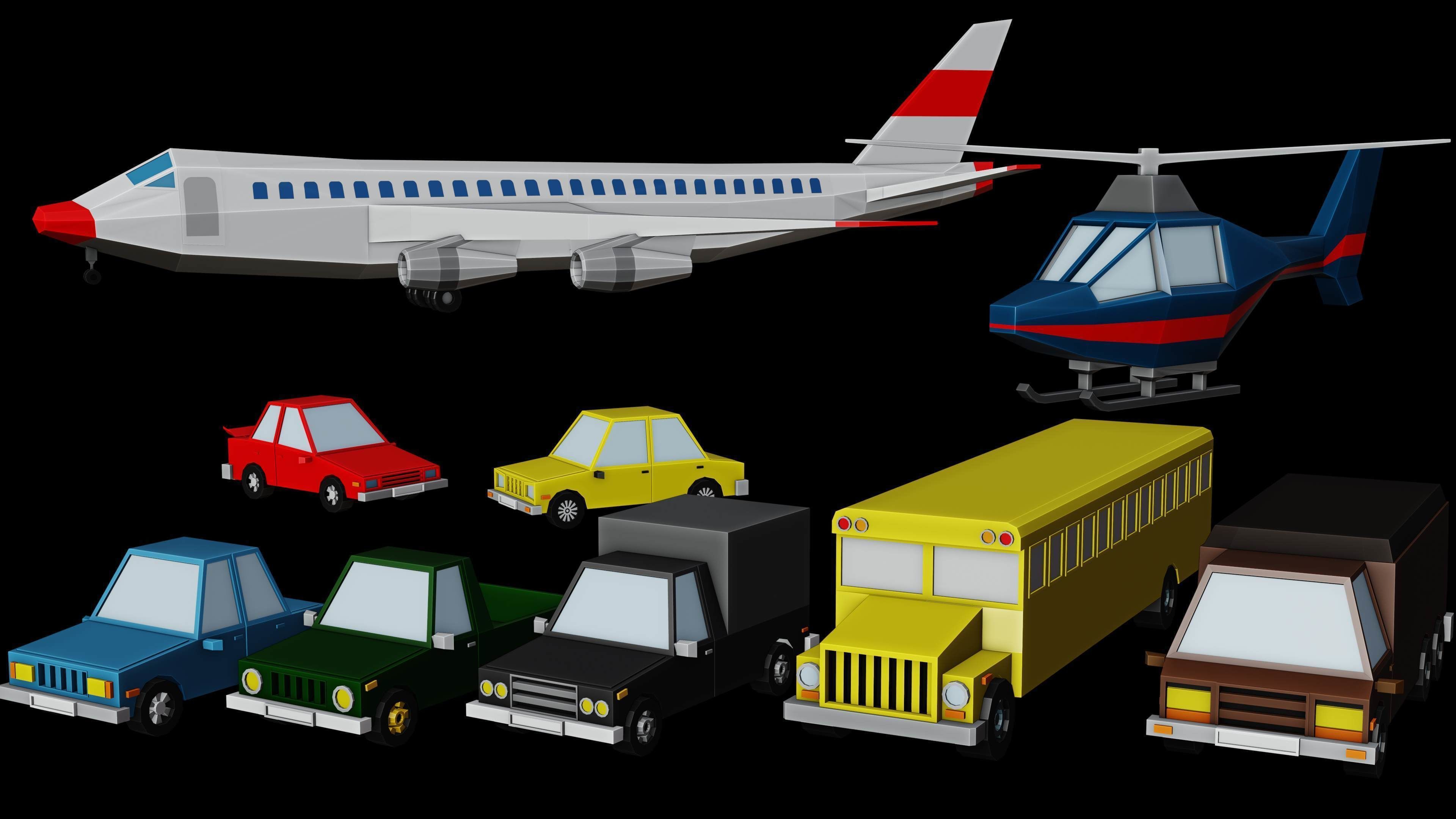 Low poly Vehicle assets for 3D games - Car Van Bus Plane Low-poly 3D model_1