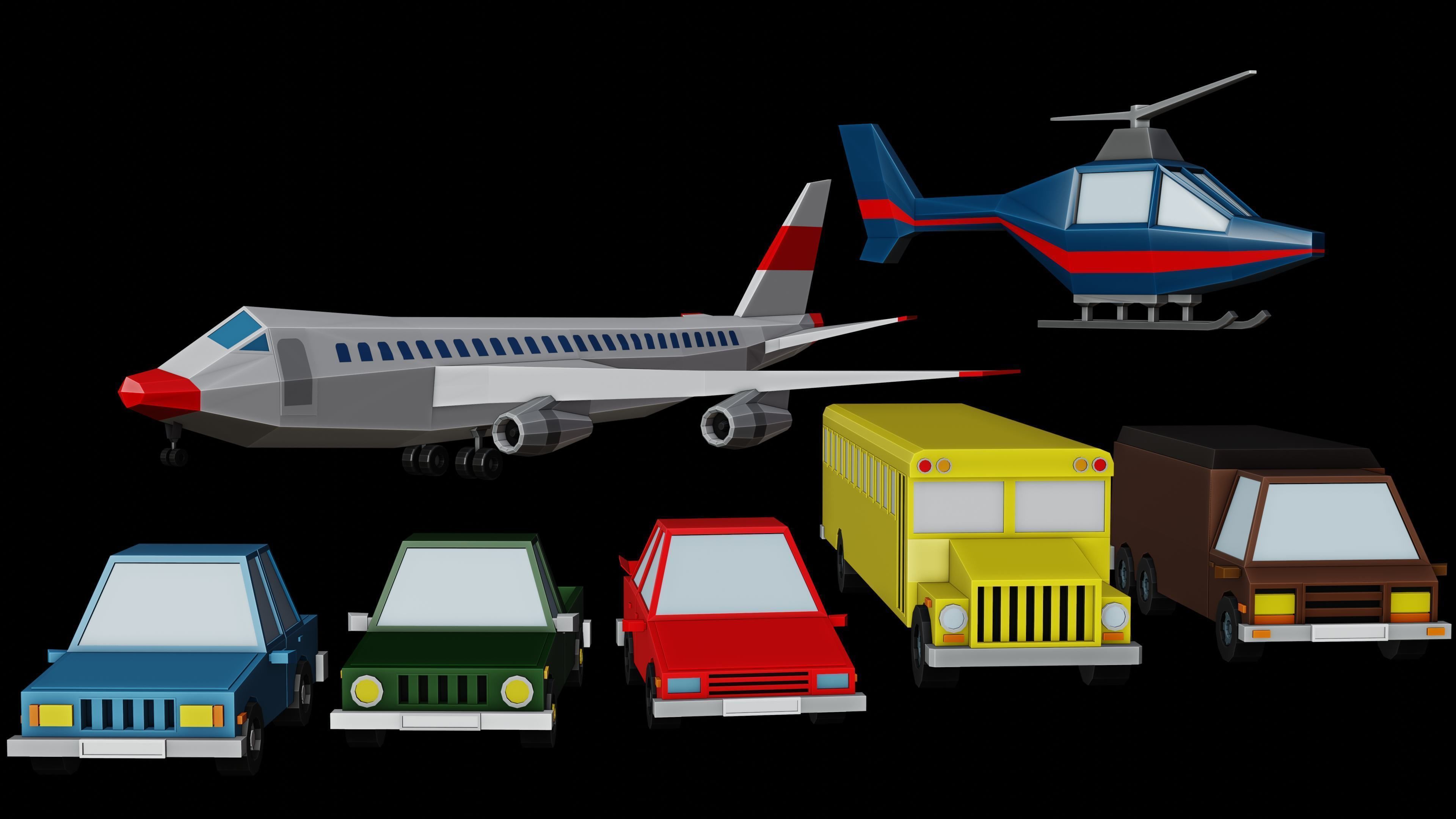 Low poly Vehicle assets for 3D games - Car Van Bus Plane Low-poly 3D model_6