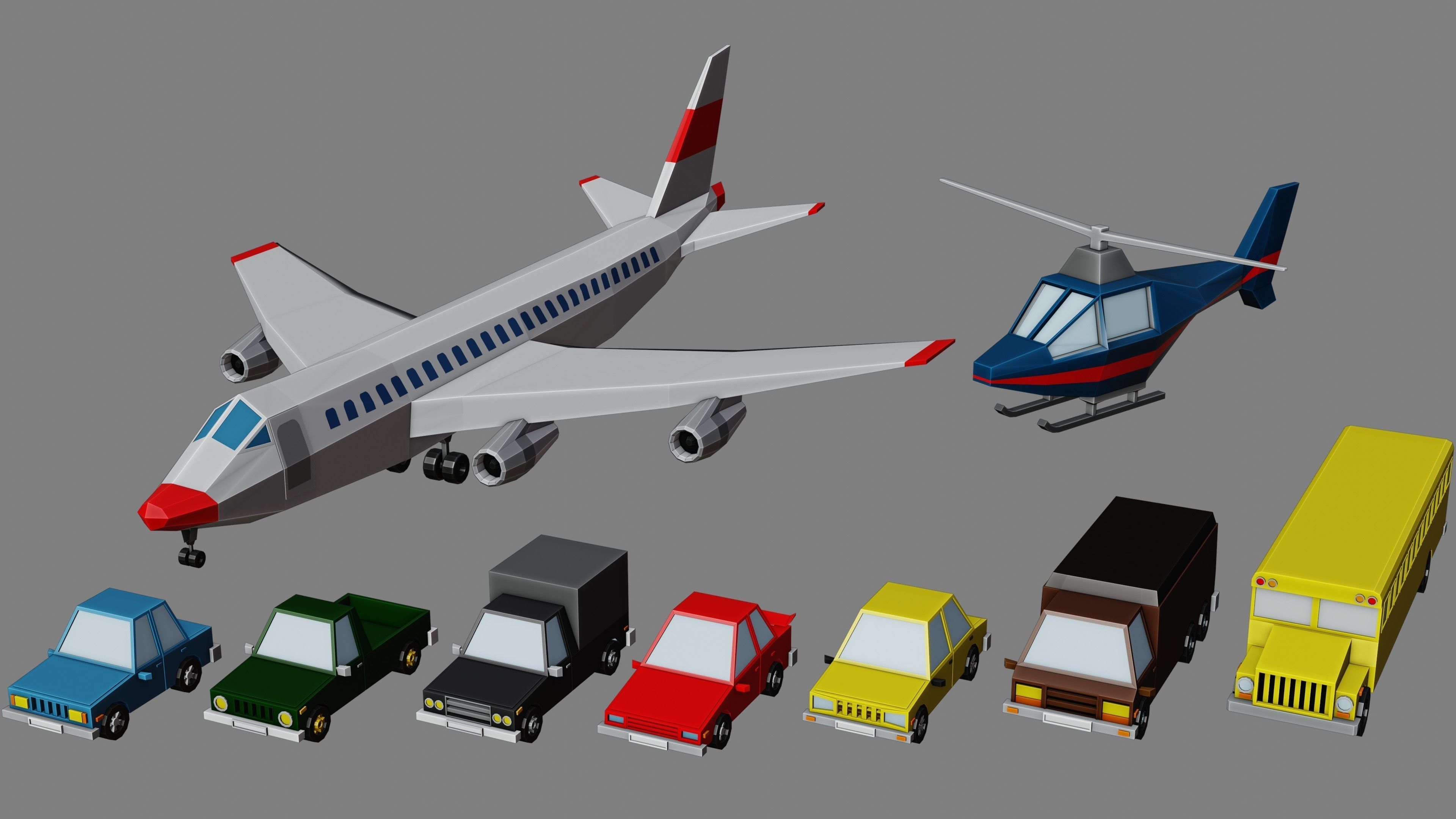 Low poly Vehicle assets for 3D games - Car Van Bus Plane Low-poly 3D model_7