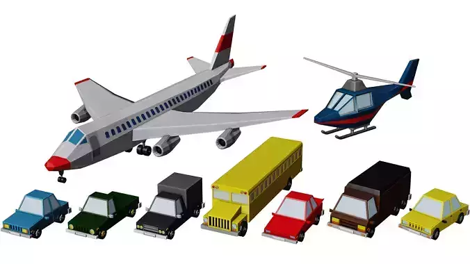 Low poly Vehicle assets for 3D games - Car Van Bus Plane Low-poly 3D model Low poly Vehicle assets for 3D games - Car Van Bus Plane Low-poly 3D model