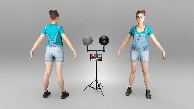 Beautiful woman in jeans overalls in A-pose 408 Low-poly 3D model