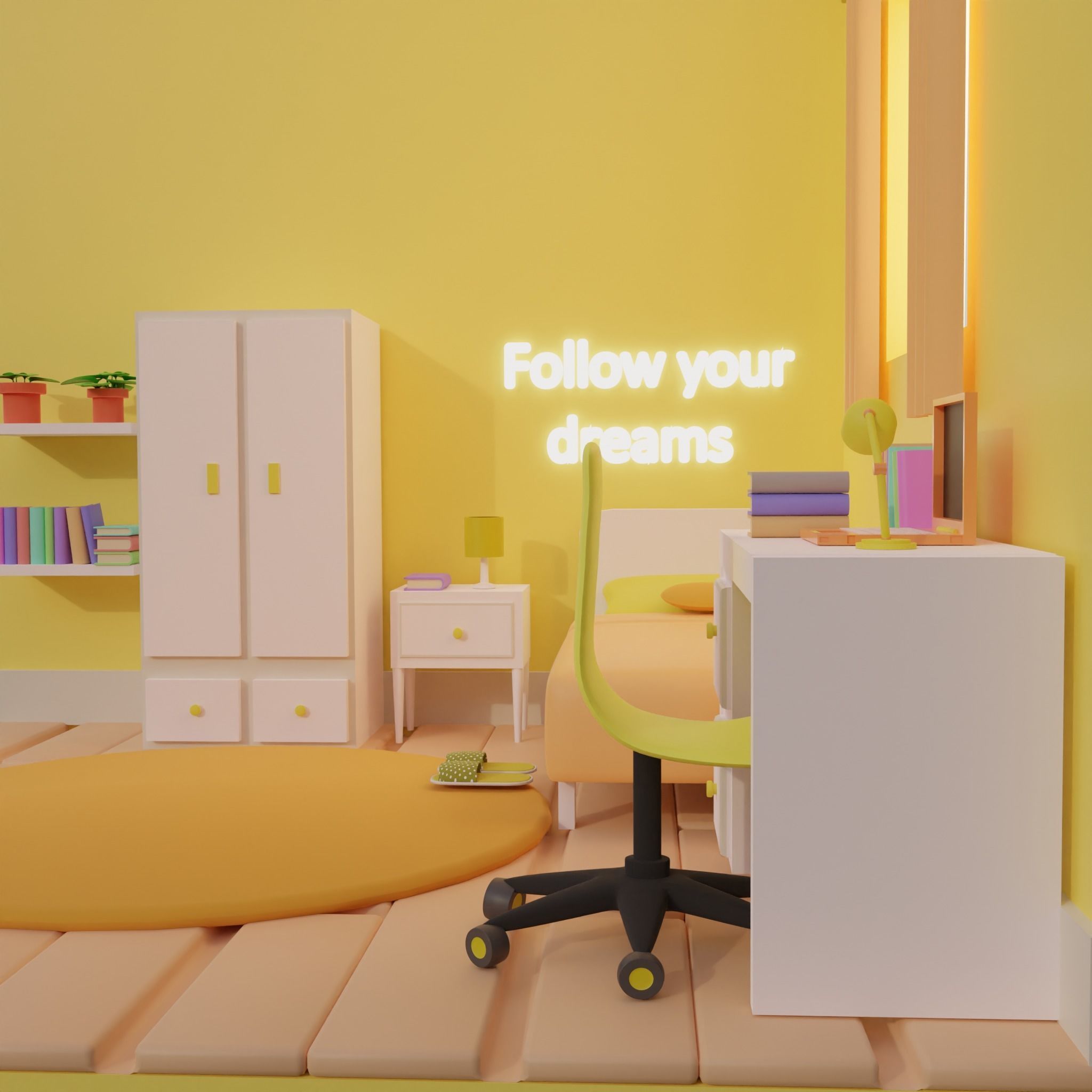 Yellow Bedroom Low-poly 3D model_1